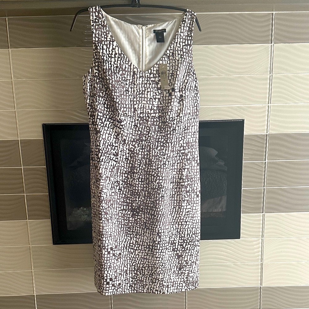 🆕ANN TAYLOR Sleeveless Animal Print Brown & Cream Midi Dress, Fully Lined.